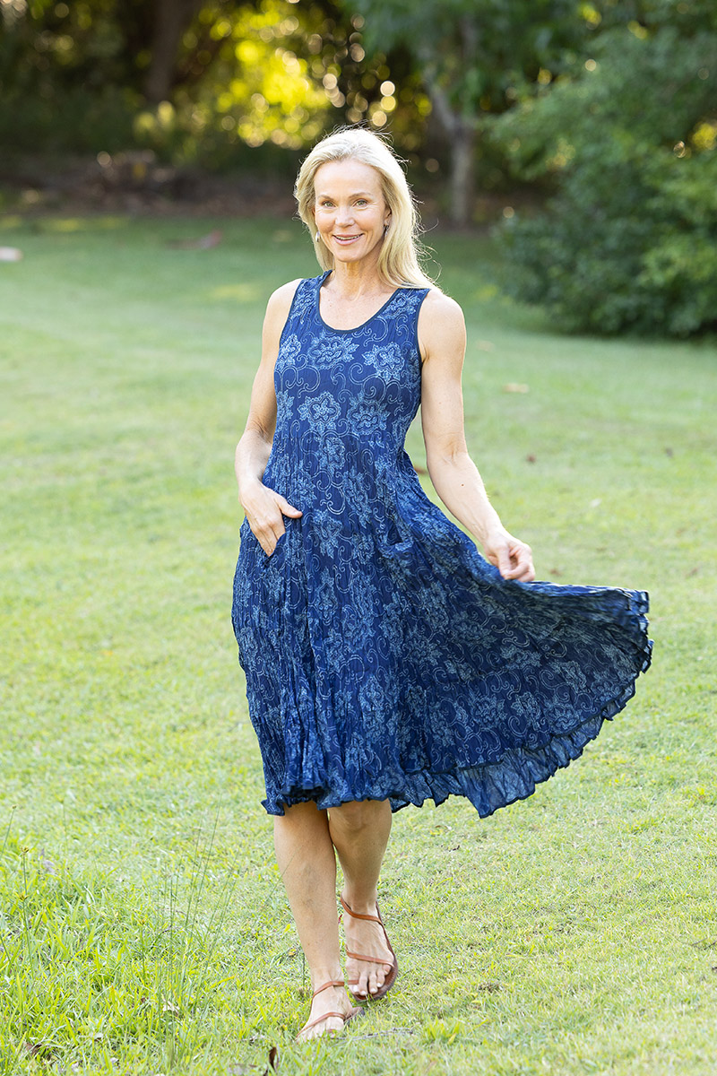 Womens, midi, Flamenco Dress, sleeveless, 100% Cotton, hand block print. In natural blue - Indigo Tara