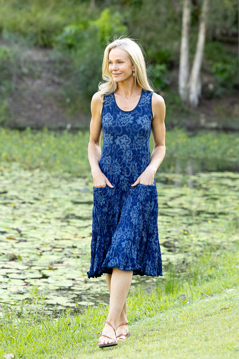 Womens, midi, Flamenco Dress, sleeveless, 100% Cotton, hand block print. In natural blue - Indigo Tara