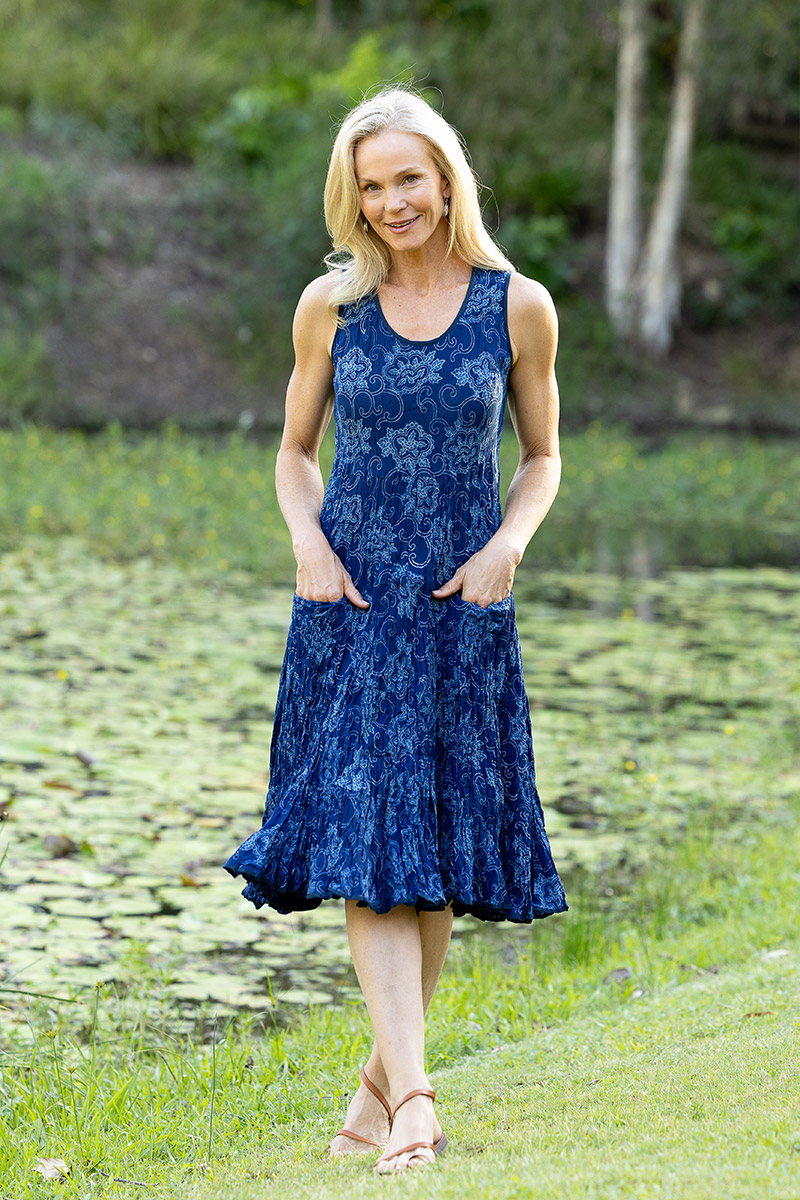 Womens, midi, Flamenco Dress, sleeveless, 100% Cotton, hand block print. In natural blue - Indigo Tara