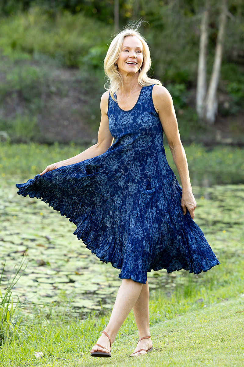Womens, midi, Flamenco Dress, sleeveless, 100% Cotton, hand block print. In natural blue - Indigo Tara