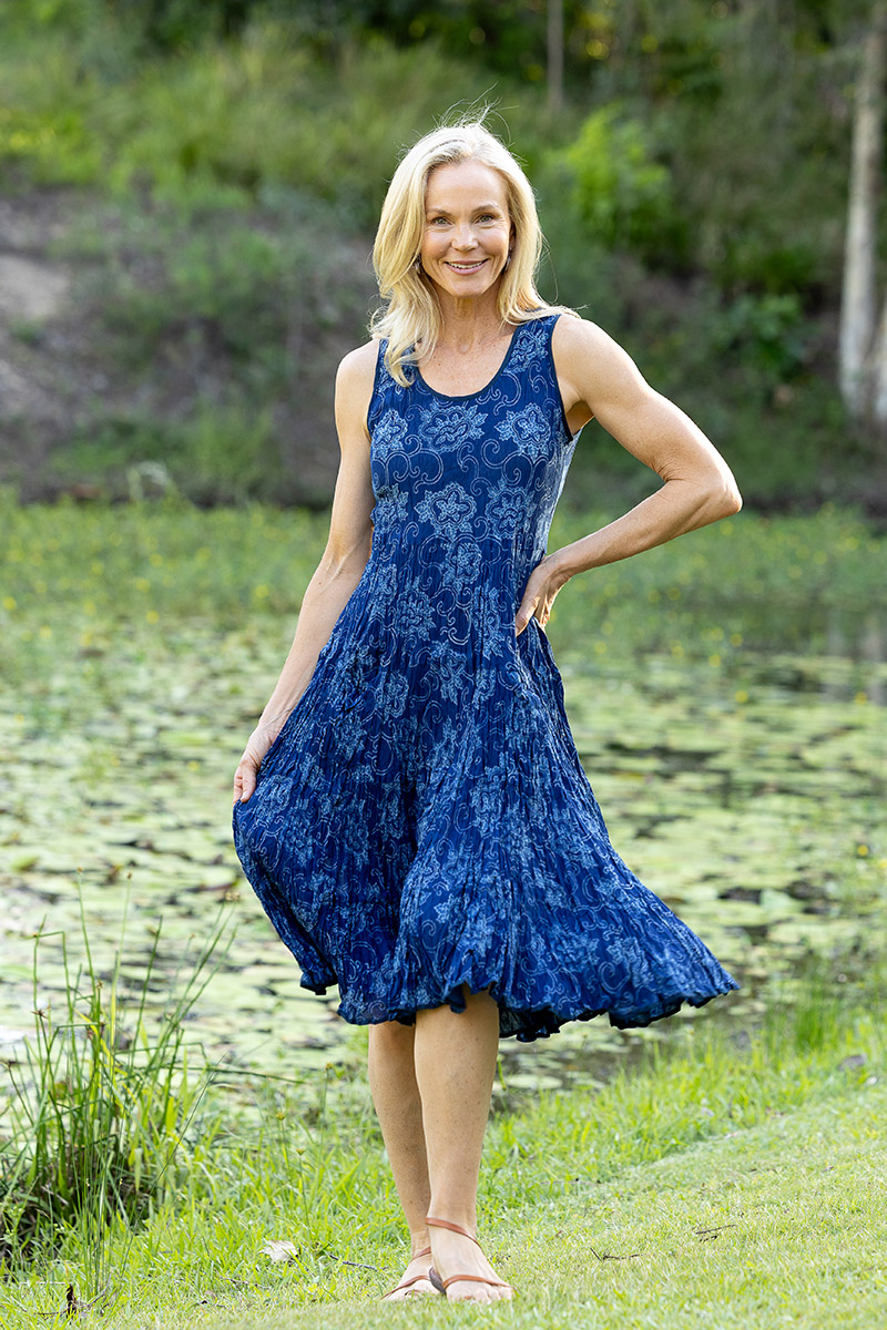 Womens, midi, Flamenco Dress, sleeveless, 100% Cotton, hand block print. In natural blue - Indigo Tara