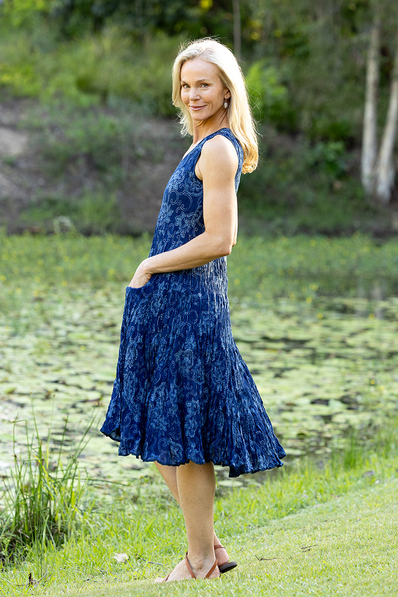 Womens, midi, Flamenco Dress, sleeveless, 100% Cotton, hand block print. In natural blue - Indigo Tara