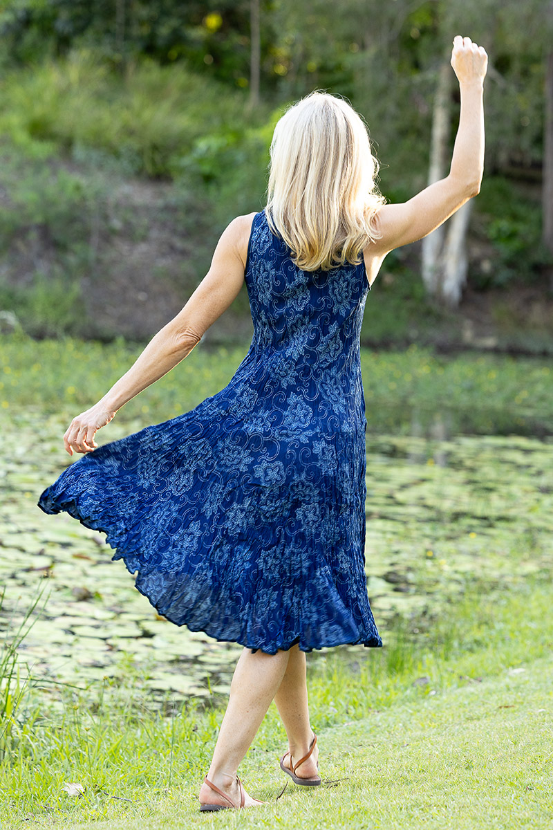 Womens, midi, Flamenco Dress, sleeveless, 100% Cotton, hand block print. In natural blue - Indigo Tara