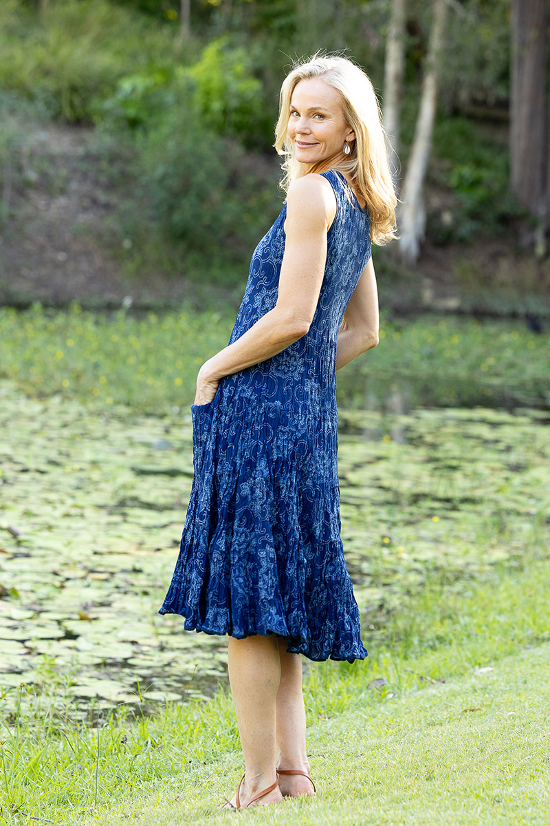 Womens, midi, Flamenco Dress, sleeveless, 100% Cotton, hand block print. In natural blue - Indigo Tara