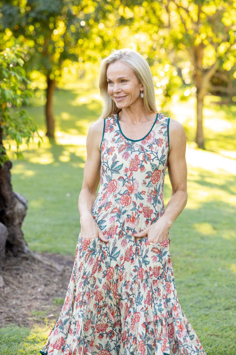 Womens, midi, Flamenco Dress, sleeveless, 100% Cotton, hand block print. Vintage Saffron & Green - Savona