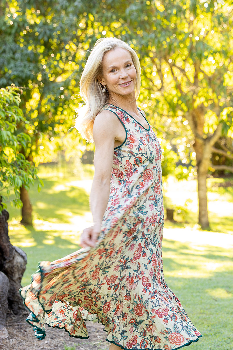 Womens, midi, Flamenco Dress, sleeveless, 100% Cotton, hand block print. Vintage Saffron & Green - Savona