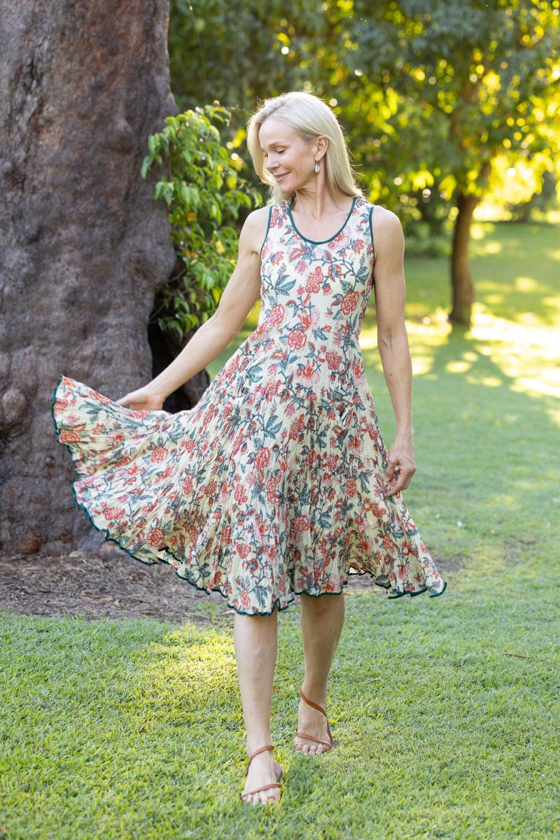 Womens, midi, Flamenco Dress, sleeveless, 100% Cotton, hand block print. Vintage Saffron & Green - Savona