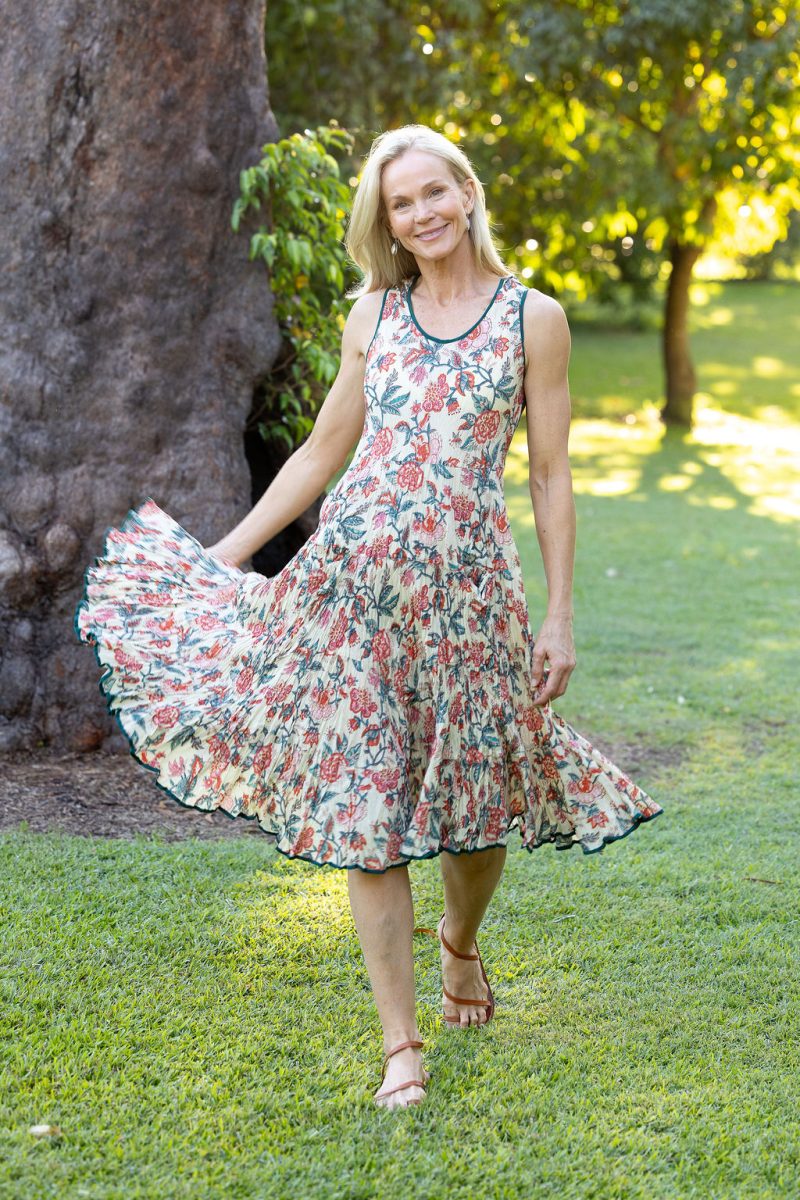 Womens, midi, Flamenco Dress, sleeveless, 100% Cotton, hand block print. Vintage Saffron & Green - Savona