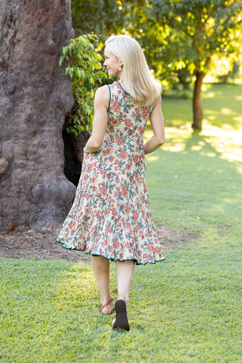 Womens, midi, Flamenco Dress, sleeveless, 100% Cotton, hand block print. Vintage Saffron & Green - Savona