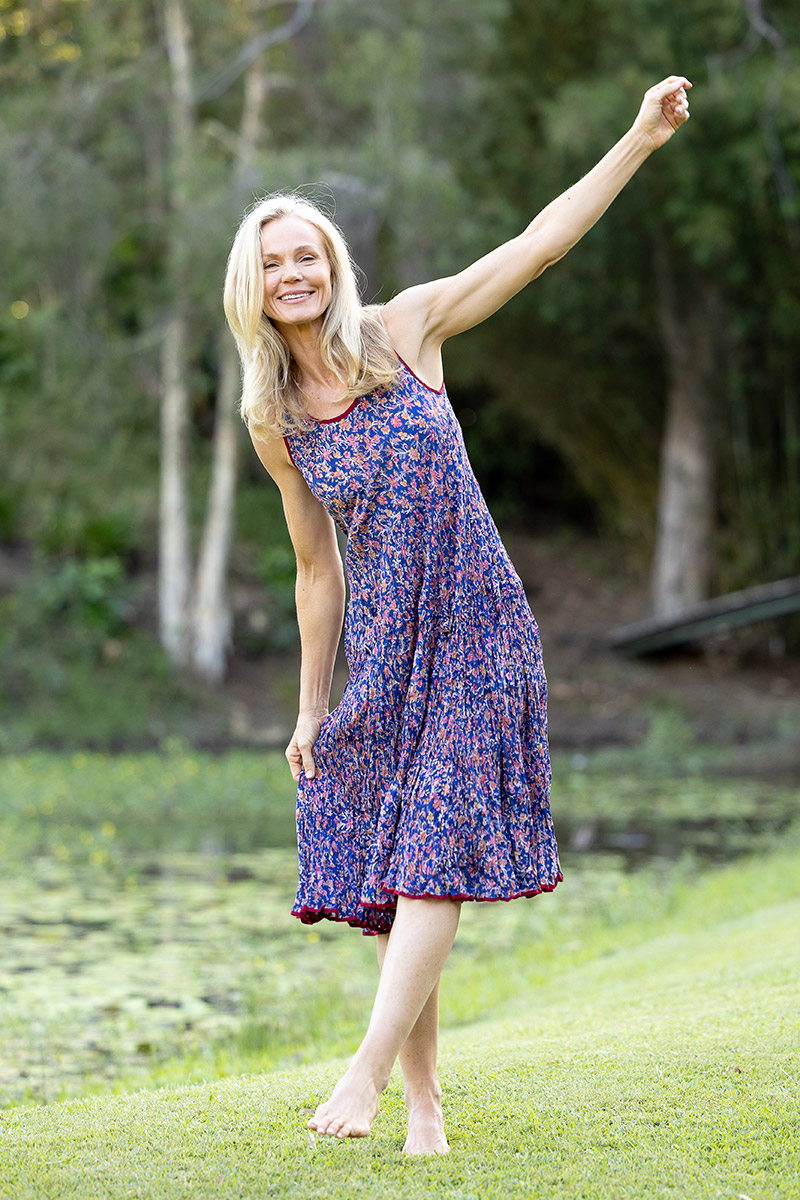 Womens, midi, Flamenco Dress, sleeveless, 100% Cotton, hand block print. Fine florals on Royal Blue - Demi