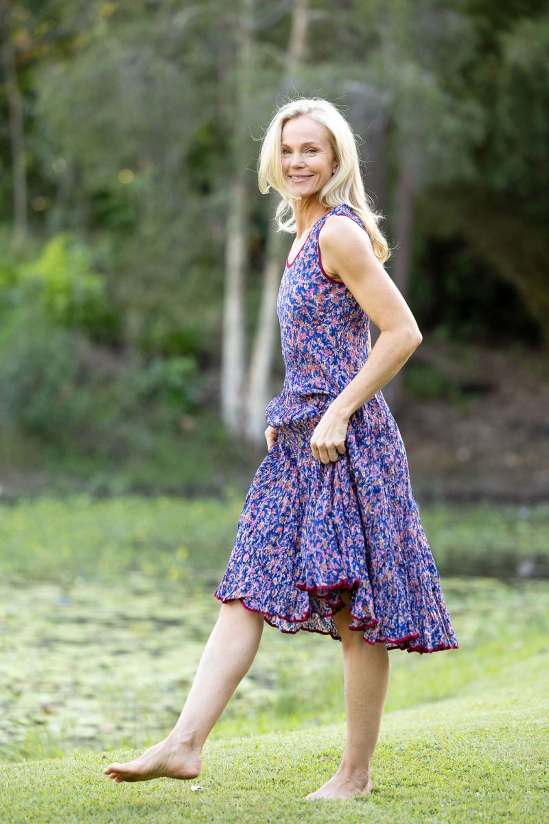 Womens, midi, Flamenco Dress, sleeveless, 100% Cotton, hand block print. Fine florals on Royal Blue - Demi