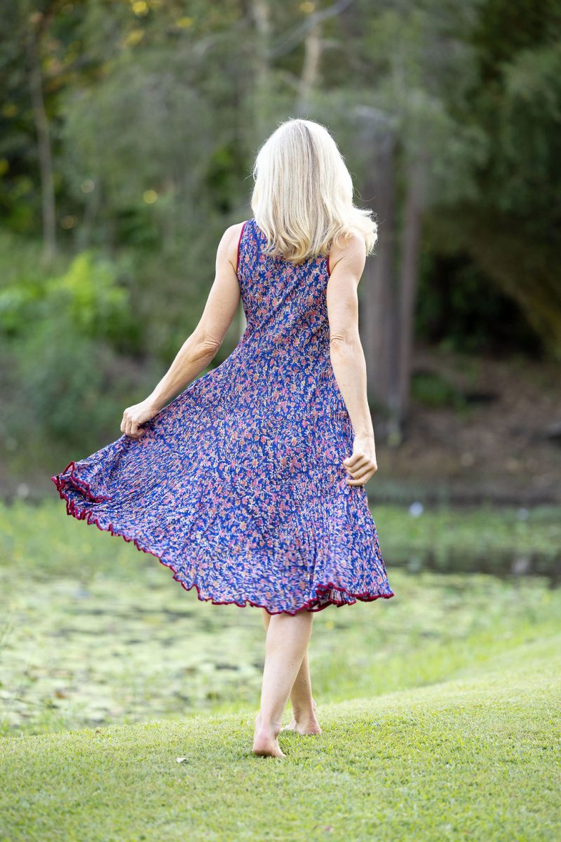 Womens, midi, Flamenco Dress, sleeveless, 100% Cotton, hand block print. Fine florals on Royal Blue - Demi
