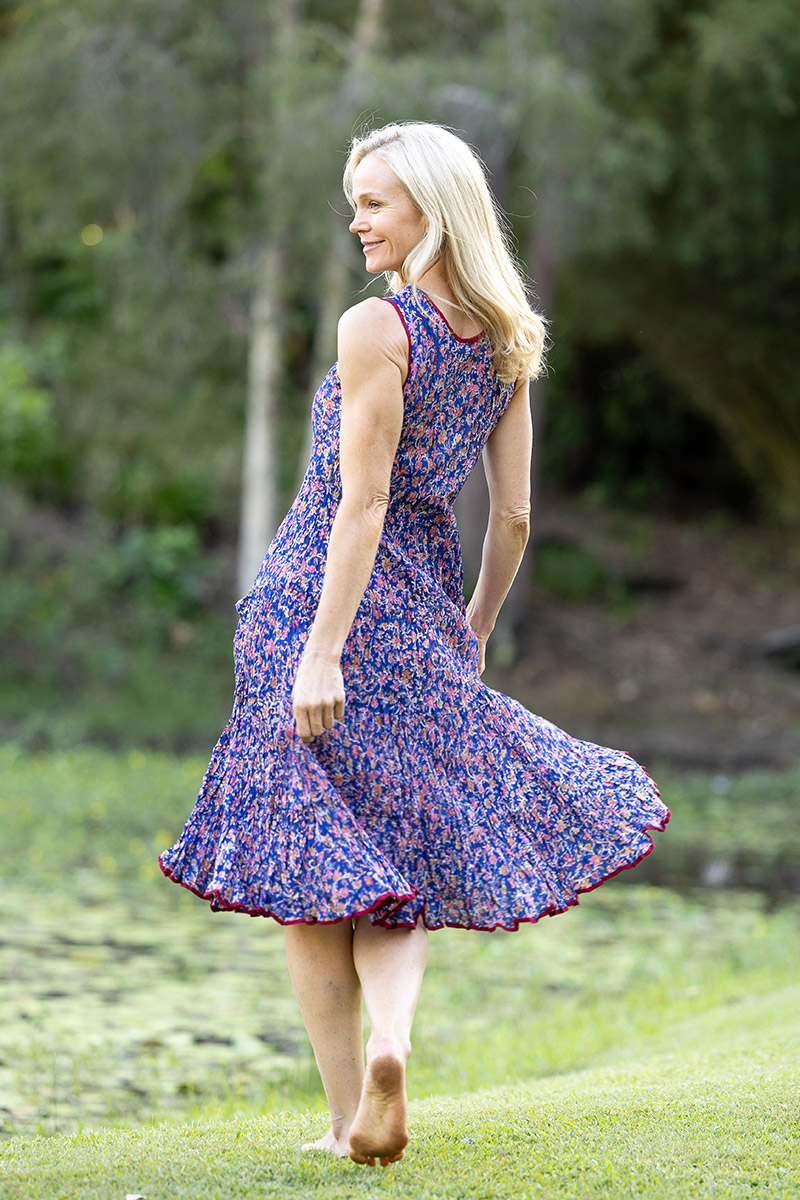 Womens, midi, Flamenco Dress, sleeveless, 100% Cotton, hand block print. Fine florals on Royal Blue - Demi