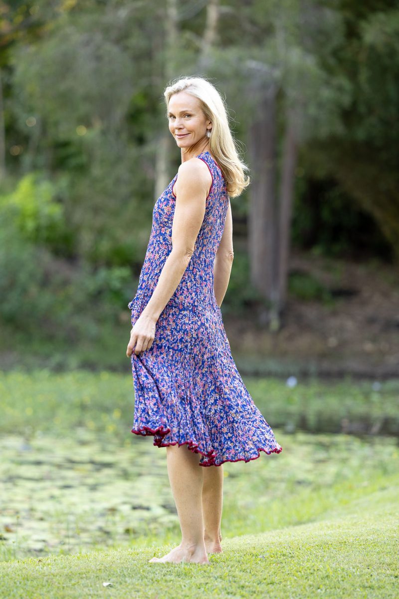 Womens, midi, Flamenco Dress, sleeveless, 100% Cotton, hand block print. Fine florals on Royal Blue - Demi