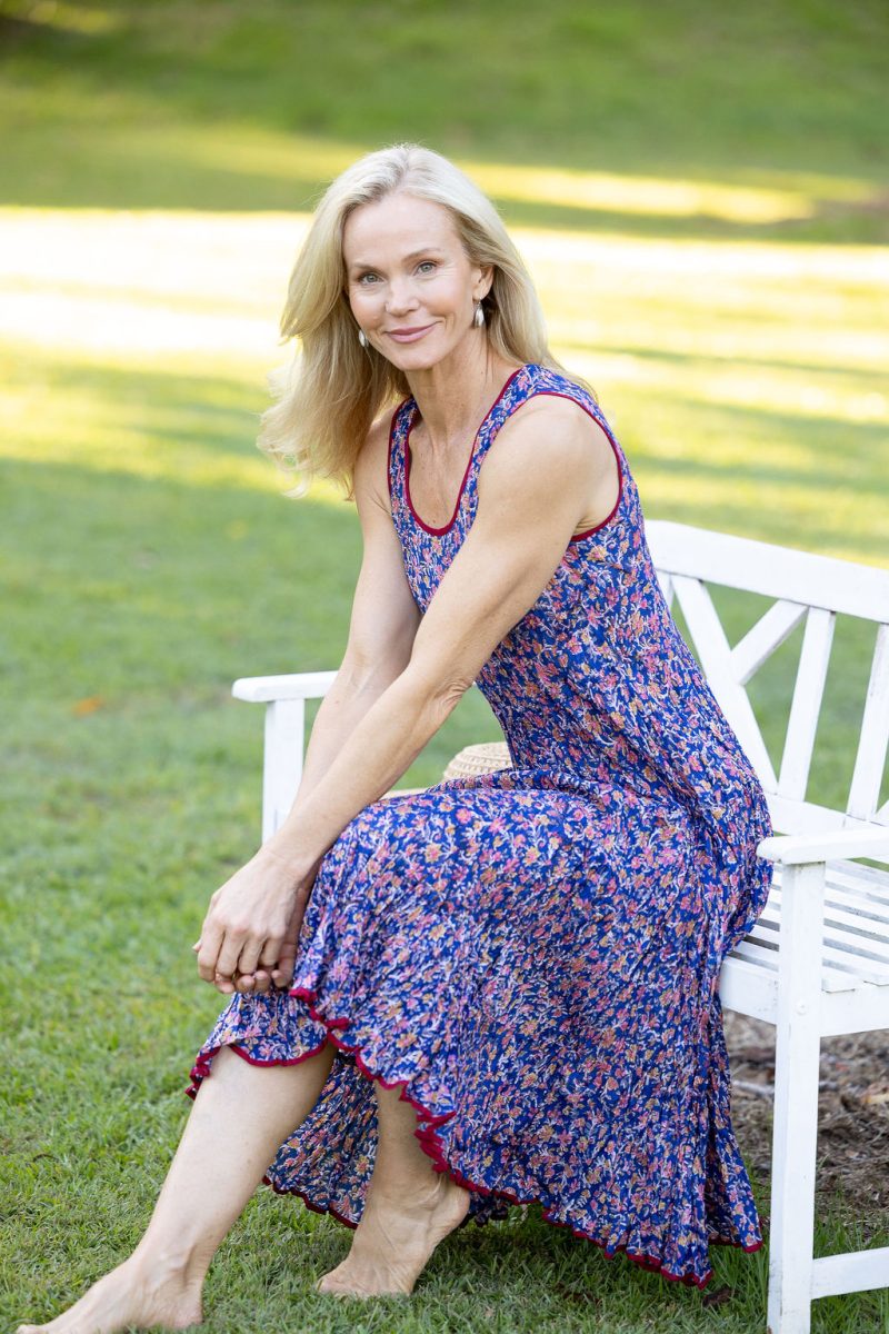 Womens, midi, Flamenco Dress, sleeveless, 100% Cotton, hand block print. Fine florals on Royal Blue - Demi