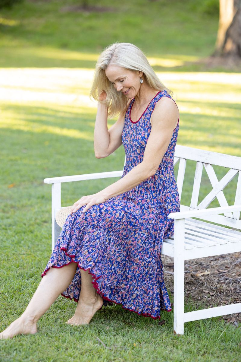 Womens, midi, Flamenco Dress, sleeveless, 100% Cotton, hand block print. Fine florals on Royal Blue - Demi