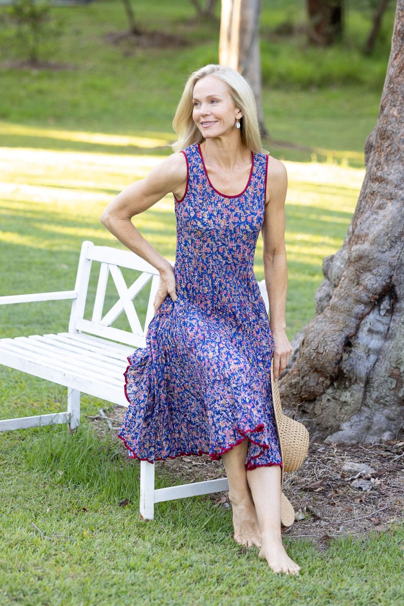 Womens, midi, Flamenco Dress, sleeveless, 100% Cotton, hand block print. Fine florals on Royal Blue - Demi