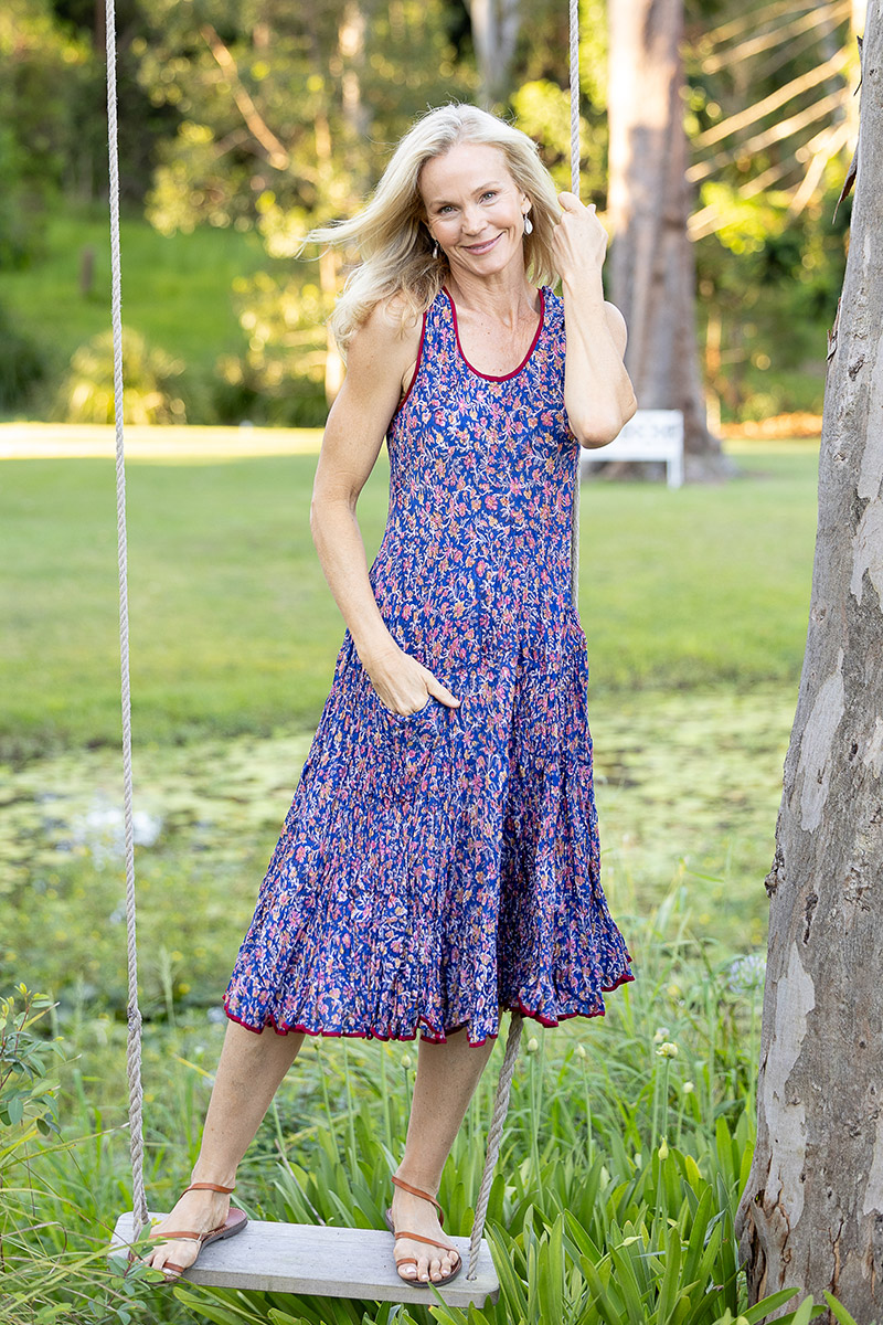 Womens, midi, Flamenco Dress, sleeveless, 100% Cotton, hand block print. Fine florals on Royal Blue - Demi