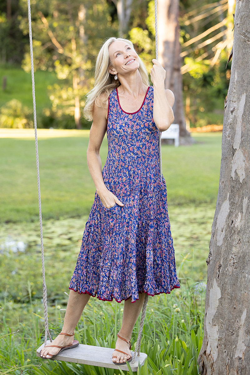 Womens, midi, Flamenco Dress, sleeveless, 100% Cotton, hand block print. Fine florals on Royal Blue - Demi