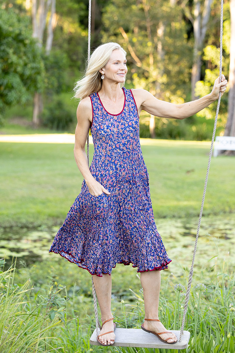 Womens, midi, Flamenco Dress, sleeveless, 100% Cotton, hand block print. Fine florals on Royal Blue - Demi