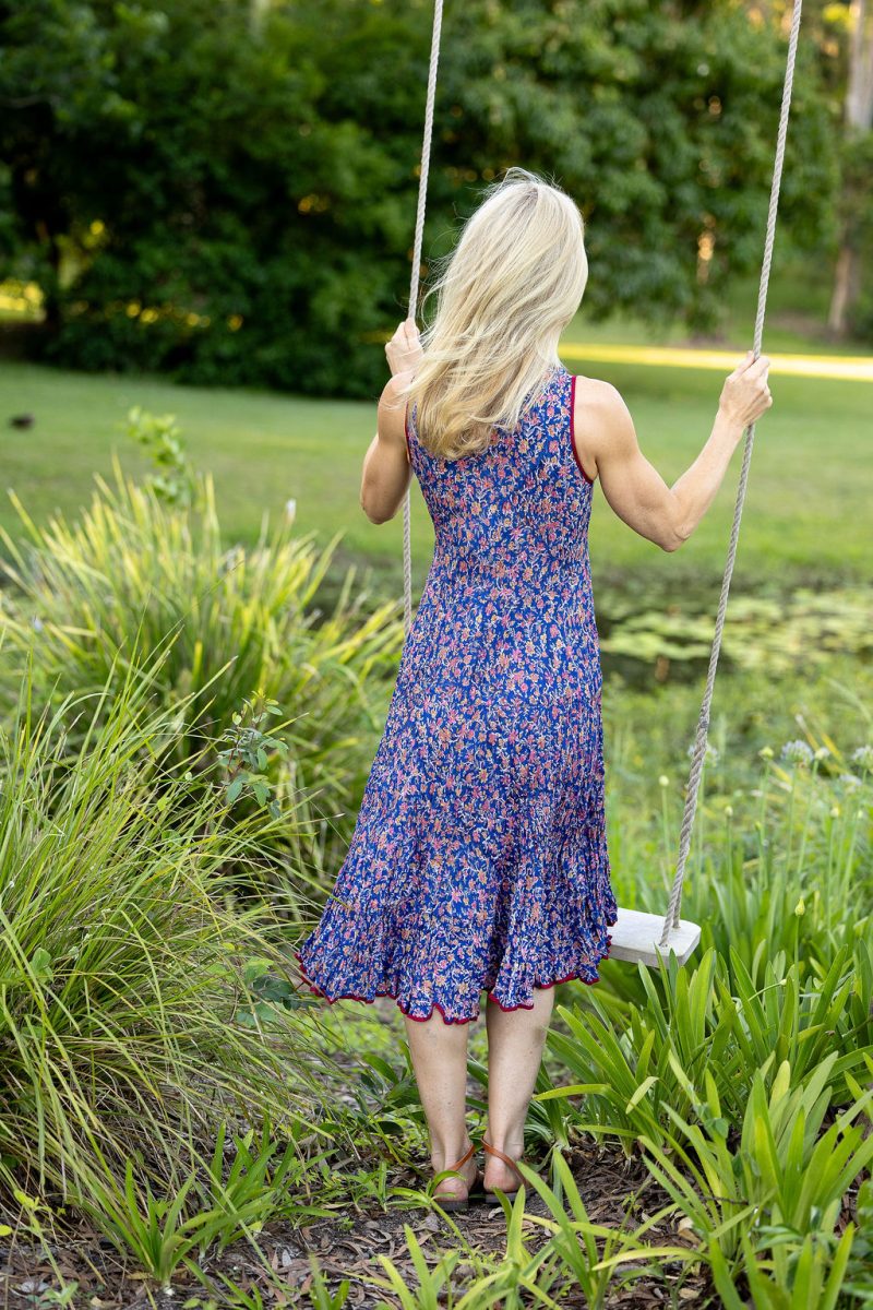 Womens, midi, Flamenco Dress, sleeveless, 100% Cotton, hand block print. Fine florals on Royal Blue - Demi