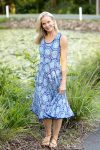 Womens, midi, Flamenco Dress, sleeveless, 100% Cotton, hand block print. Tones of blue, Topaz.