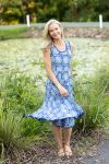 Womens, midi, Flamenco Dress, sleeveless, 100% Cotton, hand block print. Tones of blue, Topaz.