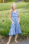 Womens, midi, Flamenco Dress, sleeveless, 100% Cotton, hand block print. Tones of blue, Topaz.