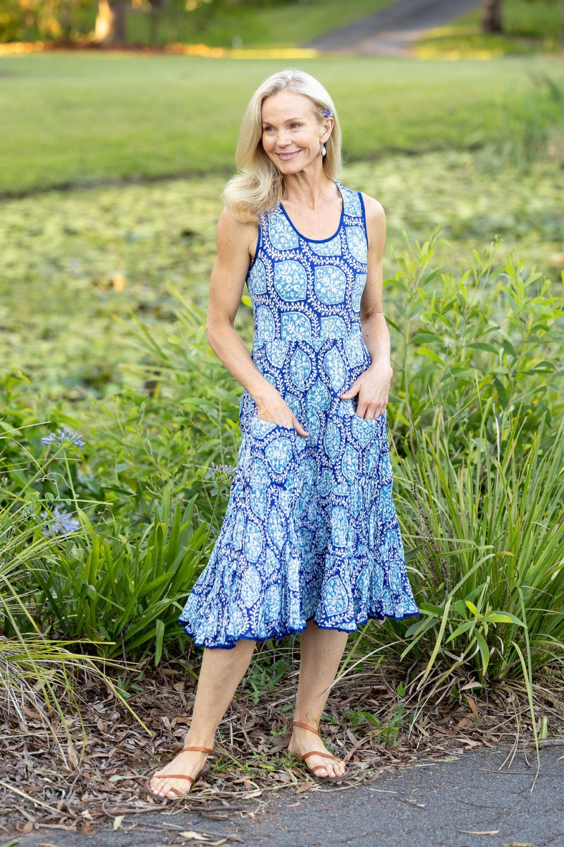 Womens, midi, Flamenco Dress, sleeveless, 100% Cotton, hand block print. Tones of blue, Topaz.