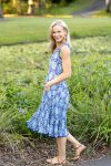 Womens, midi, Flamenco Dress, sleeveless, 100% Cotton, hand block print. Tones of blue, Topaz.