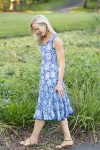 Womens, midi, Flamenco Dress, sleeveless, 100% Cotton, hand block print. Tones of blue, Topaz.