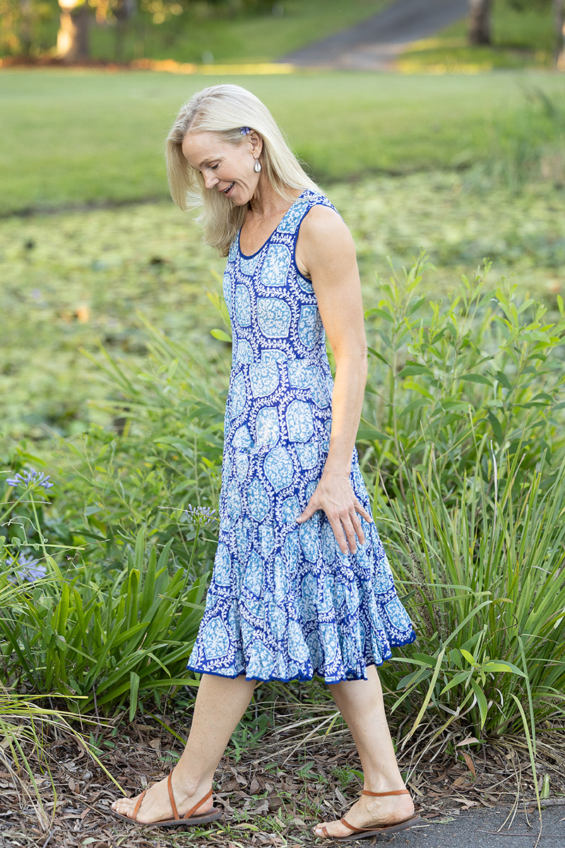 Womens, midi, Flamenco Dress, sleeveless, 100% Cotton, hand block print. Tones of blue, Topaz.