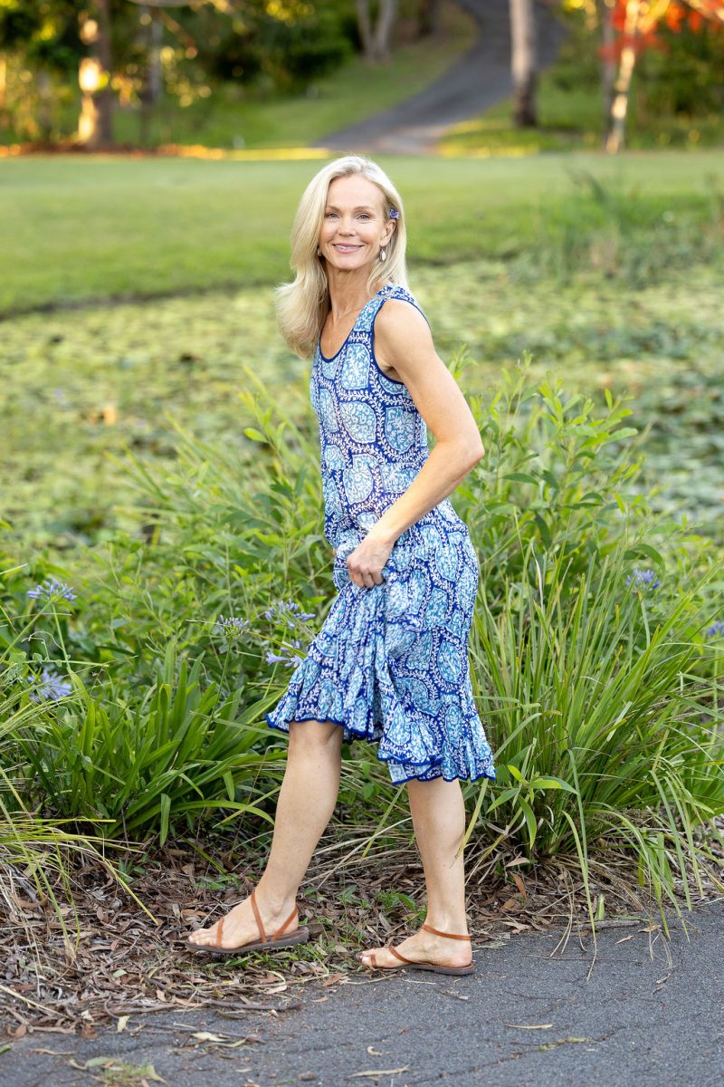 Womens, midi, Flamenco Dress, sleeveless, 100% Cotton, hand block print. Tones of blue, Topaz.