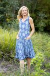 Womens, midi, Flamenco Dress, sleeveless, 100% Cotton, hand block print. Tones of blue, Topaz.