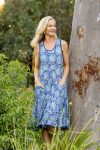 Womens, midi, Flamenco Dress, sleeveless, 100% Cotton, hand block print. Tones of blue, Topaz.