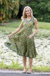 Womens, midi, Flamenco Dress, sleeveless, 100% Cotton, hand block print. Sepia & Green, Verde Sol.