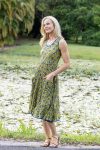 Womens, midi, Flamenco Dress, sleeveless, 100% Cotton, hand block print. Sepia & Green, Verde Sol.