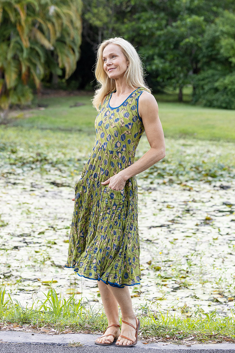 Womens, midi, Flamenco Dress, sleeveless, 100% Cotton, hand block print. Sepia & Green, Verde Sol.