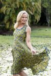 Womens, midi, Flamenco Dress, sleeveless, 100% Cotton, hand block print. Sepia & Green, Verde Sol.