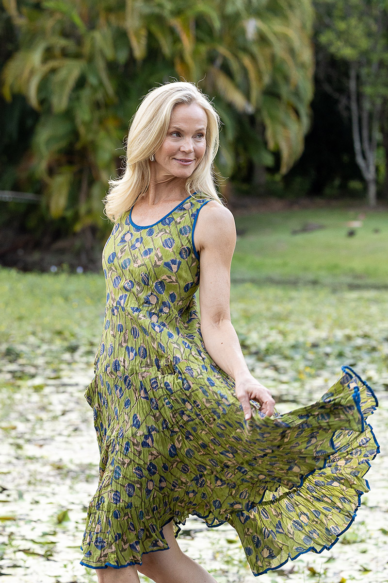 Womens, midi, Flamenco Dress, sleeveless, 100% Cotton, hand block print. Sepia & Green, Verde Sol.