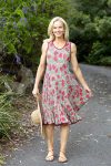 Womens, midi, Flamenco Dress, sleeveless, 100% Cotton, hand block print. Pink floral, Zinnia.