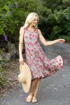Womens, midi, Flamenco Dress, sleeveless, 100% Cotton, hand block print. Pink floral, Zinnia.
