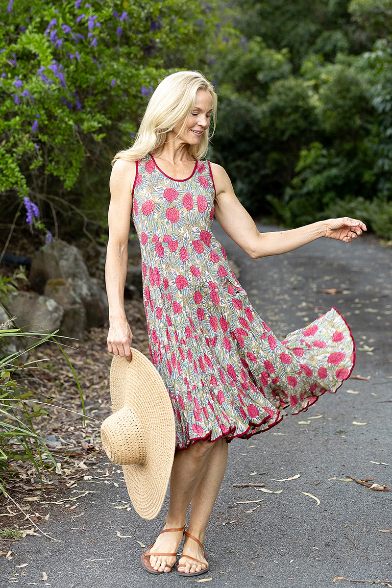 Womens, midi, Flamenco Dress, sleeveless, 100% Cotton, hand block print. Pink floral, Zinnia.