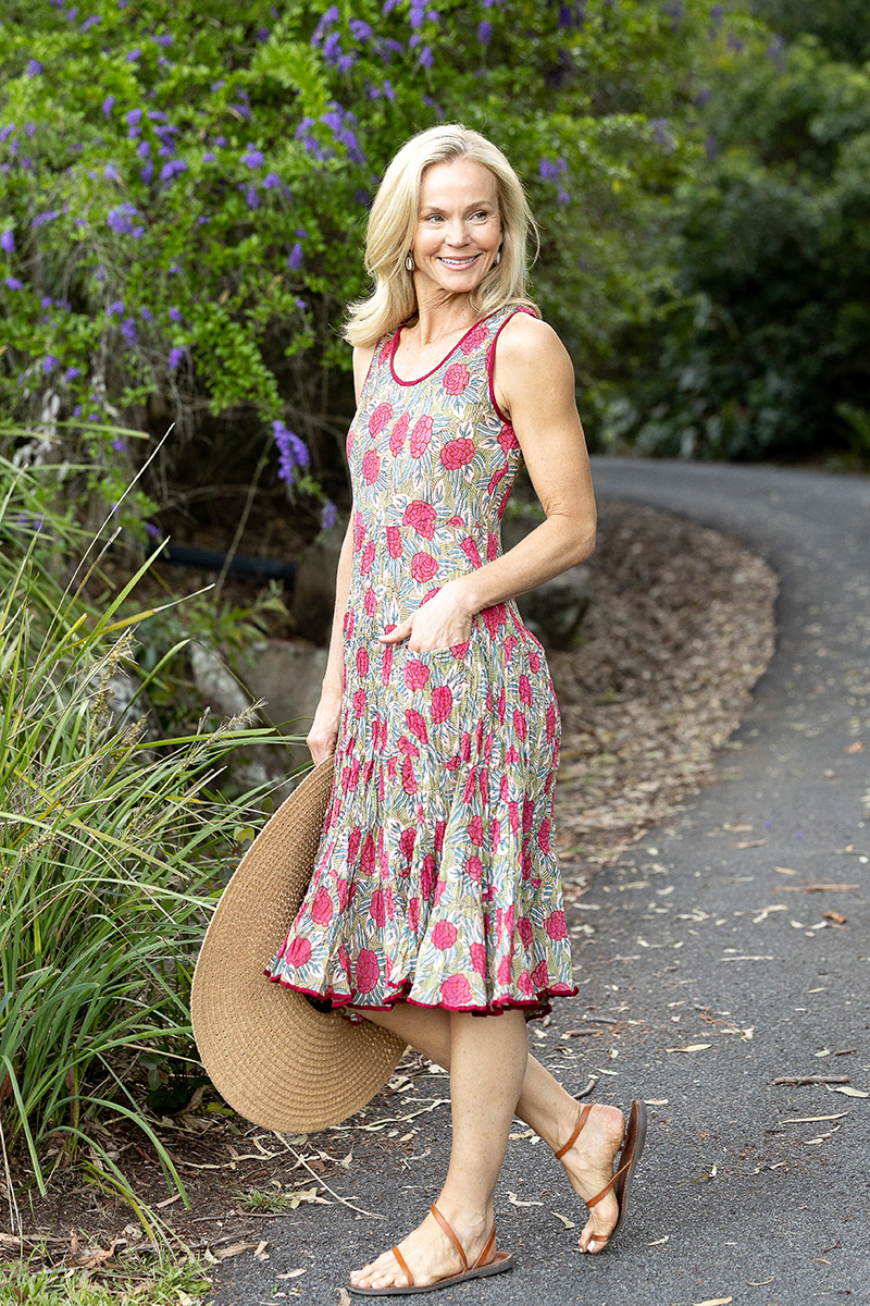 Womens, midi, Flamenco Dress, sleeveless, 100% Cotton, hand block print. Pink floral, Zinnia.