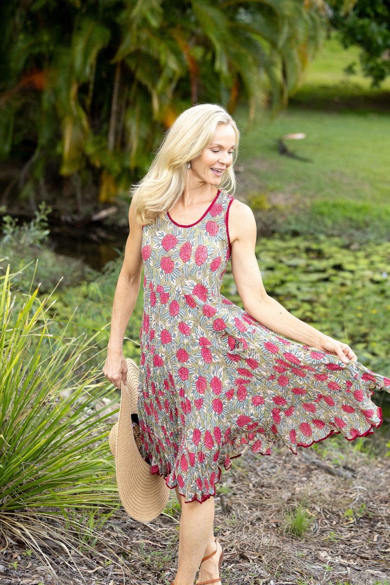 Womens, midi, Flamenco Dress, sleeveless, 100% Cotton, hand block print. Pink floral, Zinnia.