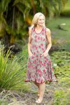 Womens, midi, Flamenco Dress, sleeveless, 100% Cotton, hand block print. Pink floral, Zinnia.