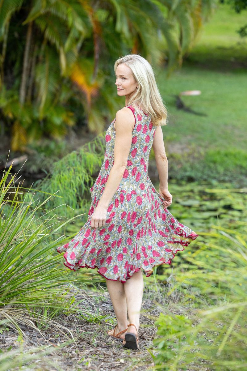 Womens, midi, Flamenco Dress, sleeveless, 100% Cotton, hand block print. Pink floral, Zinnia.