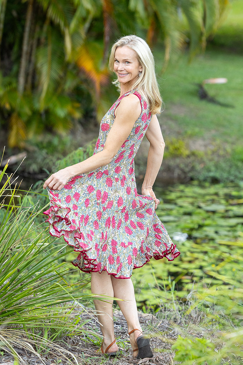 Womens, midi, Flamenco Dress, sleeveless, 100% Cotton, hand block print. Pink floral, Zinnia.