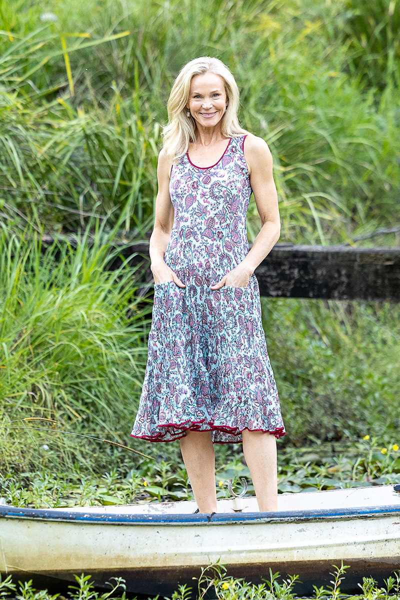 Womens, midi, Flamenco Dress, sleeveless, 100% Cotton, hand block print. Soft blue boho floral - Florence