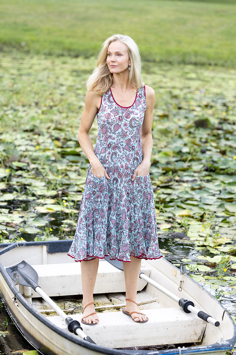 Womens, midi, Flamenco Dress, sleeveless, 100% Cotton, hand block print. Soft blue boho floral - Florence